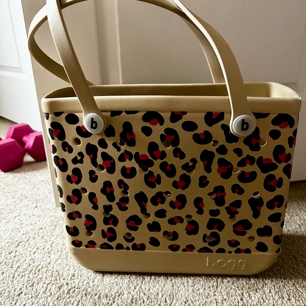 BOGG BAG Tan Leopard Print Tote with Black and Red Spots